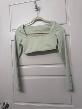 Long Sleeve Scoop Neck Crop Top - Sage Green